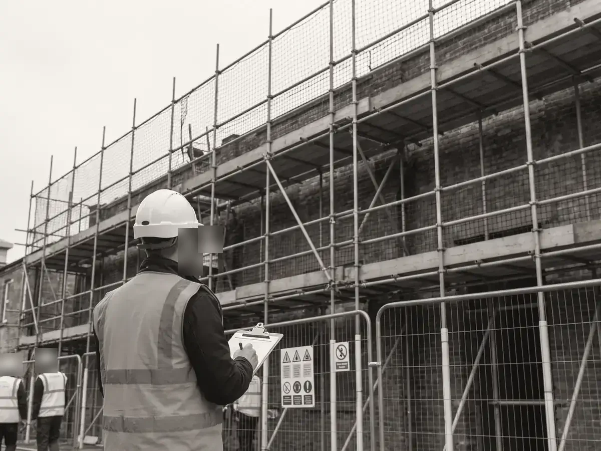 Health and safety coordinator inspecting scaffolding (illustrative image)