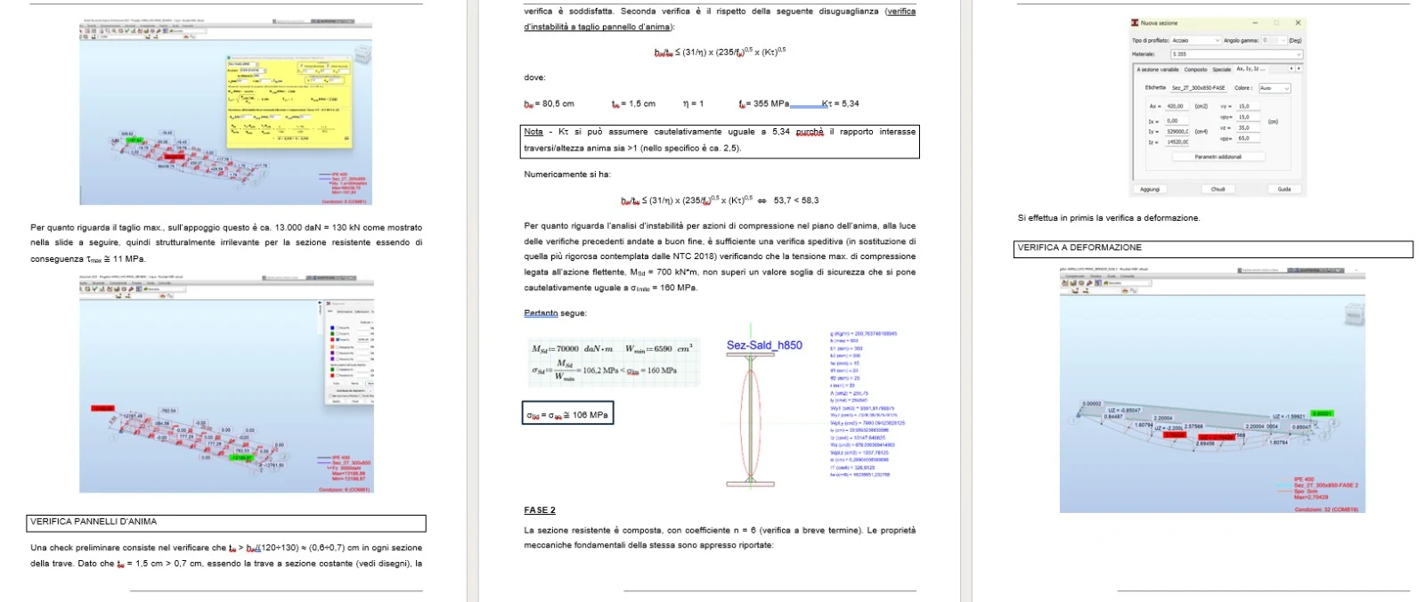 Estratto della relazione di calcolo: verifica dei pannelli d'anima, sezione composta in fase 2 e verifica a deformazione