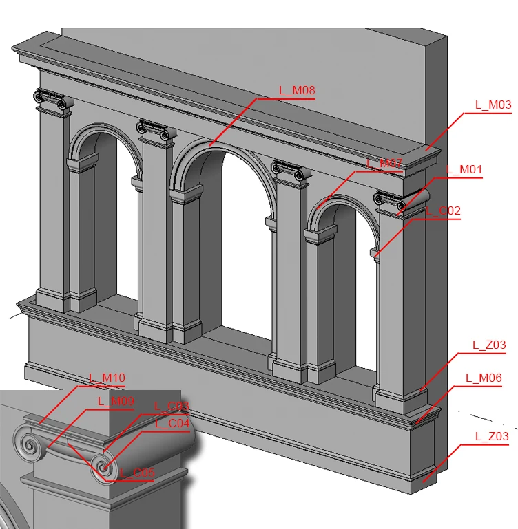 Modello BIM delle arcate e del capitello del loggiato