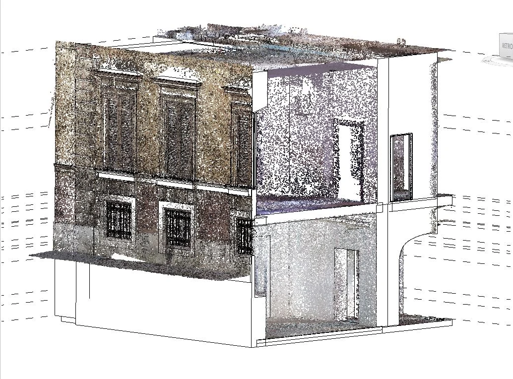 Sezione del palazzo con la nuvola di punti e il modello