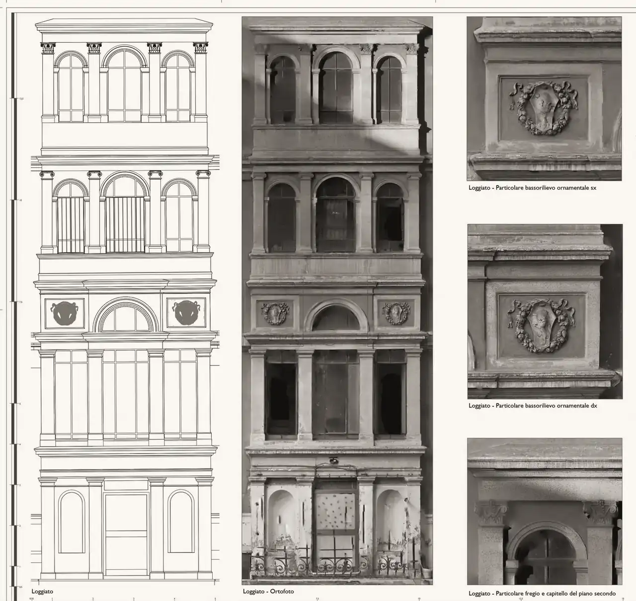 Survey of the loggia: elevation, orthophoto and decorative details