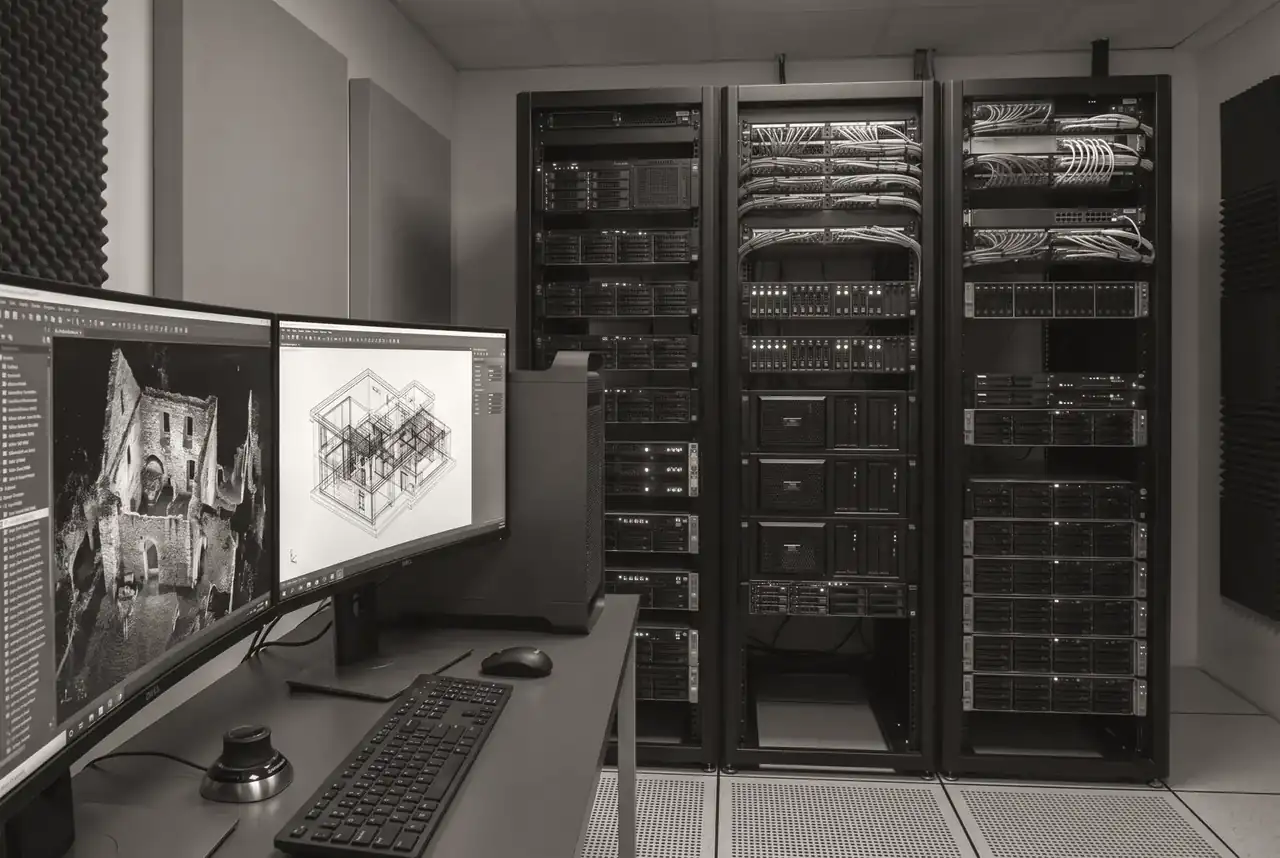 Server room with redundant storage and graphics workstation (illustrative image)
