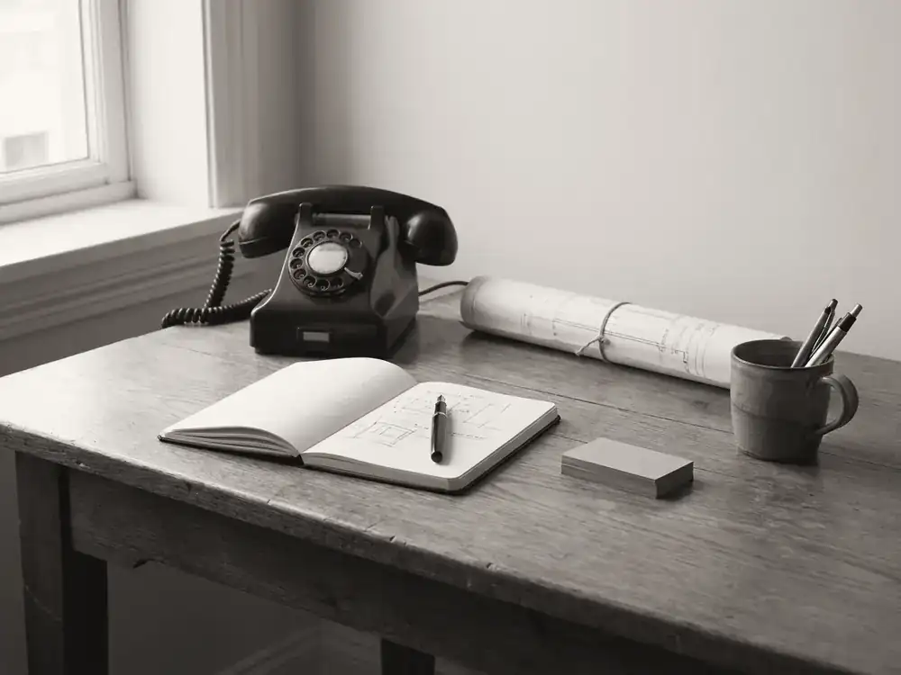 Desk with telephone, notebook and design drawings (illustrative image)