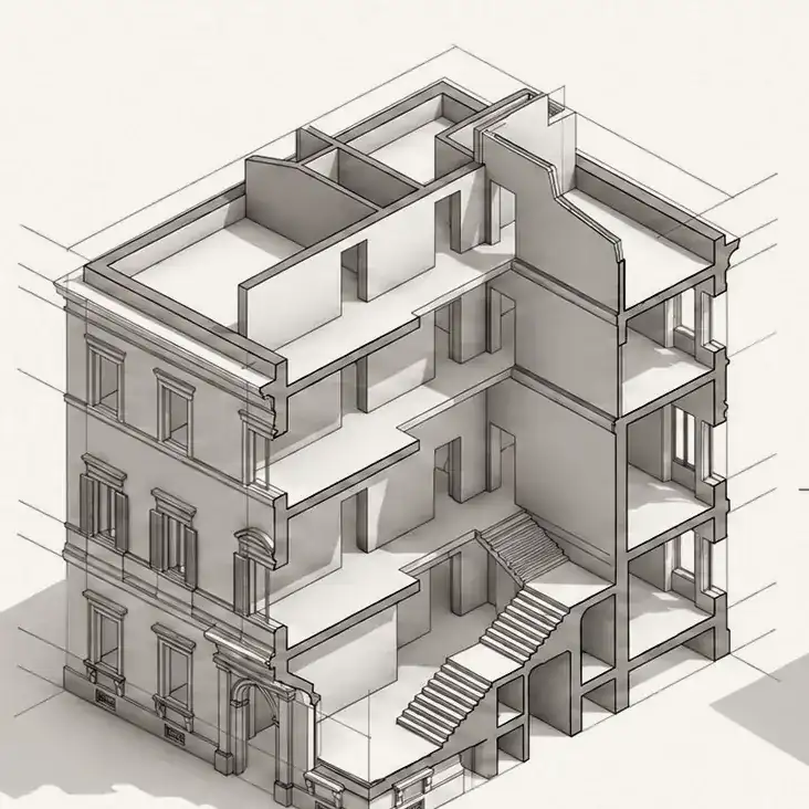 Écorché axonométrique de la maquette BIM d'un palais historique